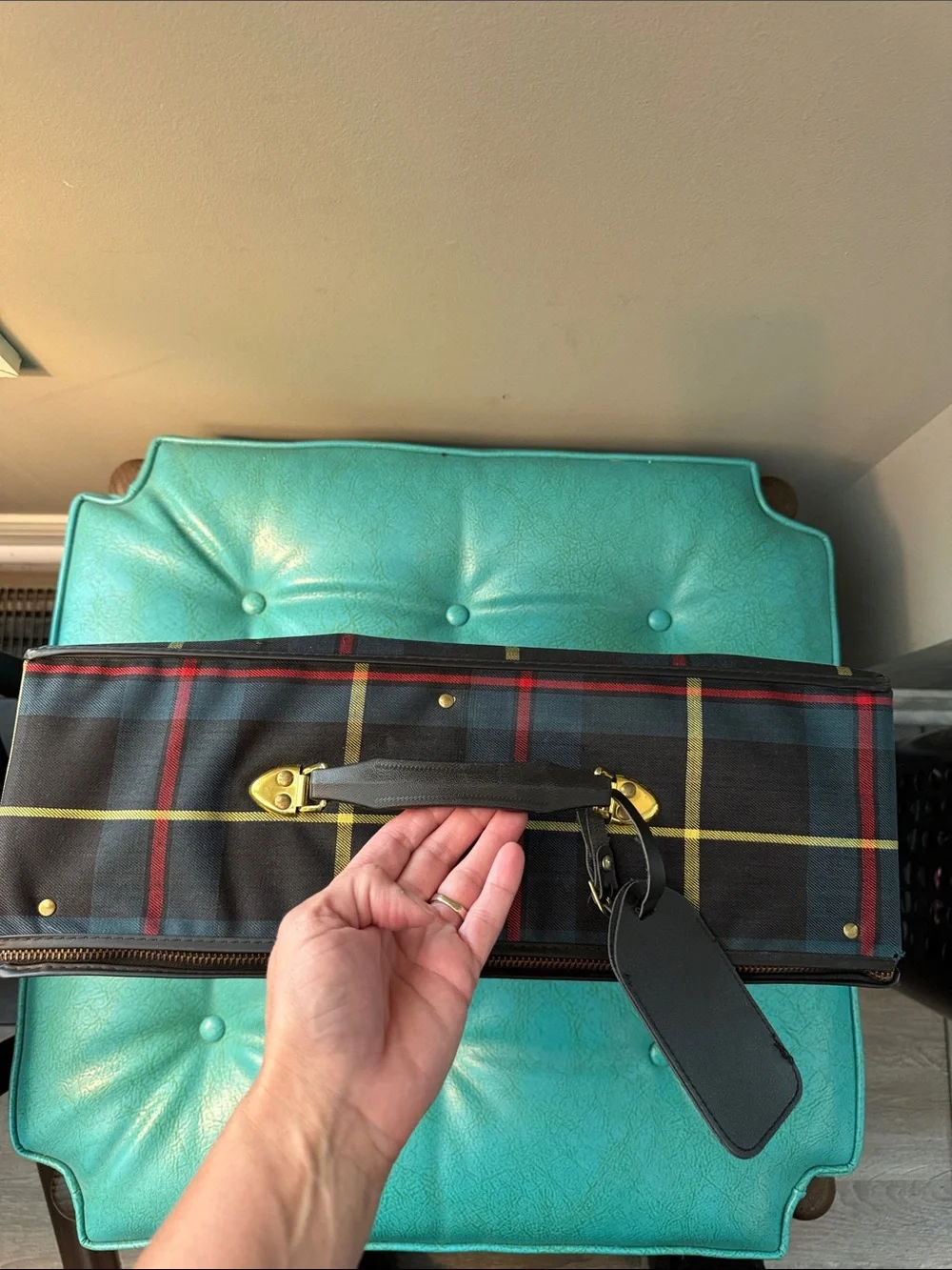 Vintage classic preppy plaid collapsible luggage tote small suitcase bag